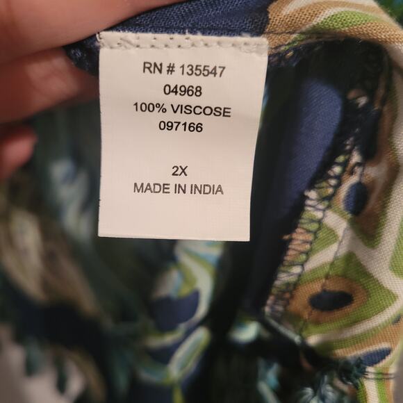 Time For Me 2X blue multicolor tropical leaf open front tasseled hem kimono - Picture 6 of 7